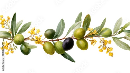 Wallpaper Mural long narrow horizontal string of botanical illustration of black and green olives and leaves, yellow mini flores, Torontodigital.ca