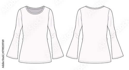 Bell sleeve t shirt for women front and back view vector template technical design by adobe illustrator.