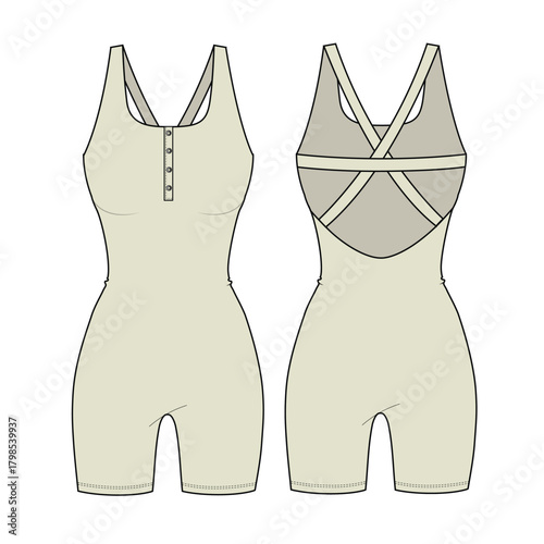 One piece swimsuit technical drawing vector mockup template.
