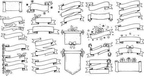 Hand Drawn Christmas and Holiday Ribbon Banners, Scrolls, and Labels Collection. Vintage Doodle Sketch Set with Holly, Snowflakes, Gifts, and Candy Canes for Festive Design.