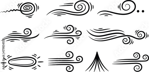 Windy Elements Vector Illustration of Swirls, Lines, and Airflow Symbols for Design