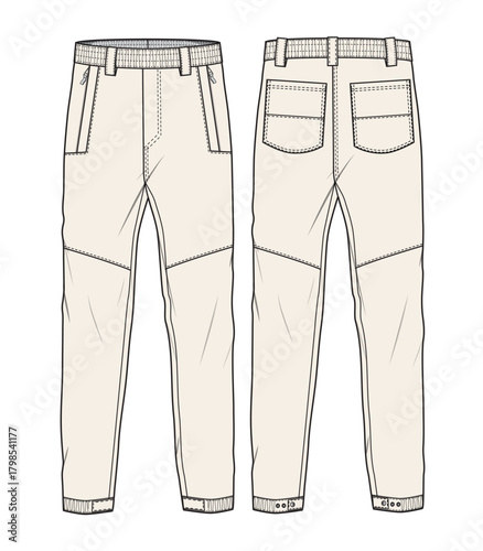 Men's cargo pant front and back view vector design technical illustration by adobe illustrator.