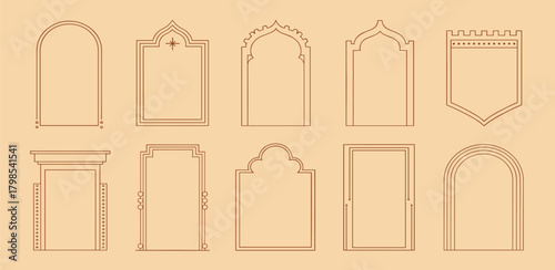 Collection of ornate architectural archway and window frame designs in a warm tan color palette