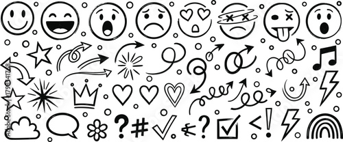 A collection of hand-drawn doodle icons featuring various emotions, symbols, and decorative elements for creative projects