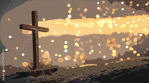 Wooden Christian Cross with Warm Bokeh Lights Background