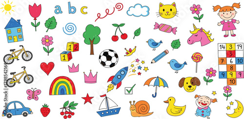 Colorful chalk-style doodles collection with playful hand-drawn symbols, inspiring words, and graphic elements on a dark background, perfect for creative design projects and expressive art