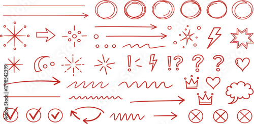 Hand-drawn Red Doodle Elements Set Arrows, Circles, Symbols, and More for Design