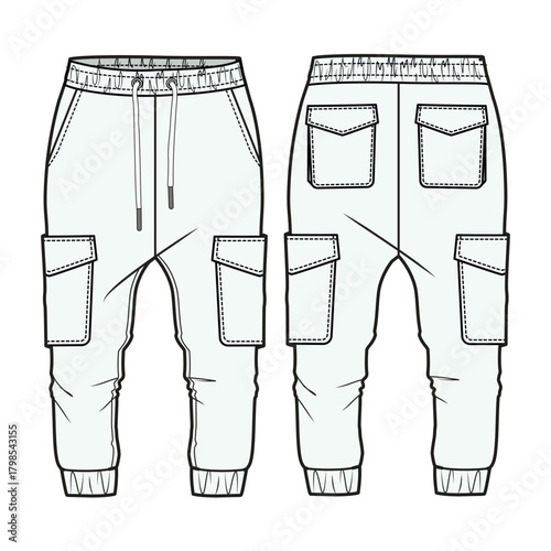 Boys joggers front and back view mockup template vector design technical illustration.