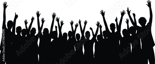Vector Silhouette of Cheering Crowd with Hands Raised, Audience, Celebration, Protest, and Public Gathering Banner