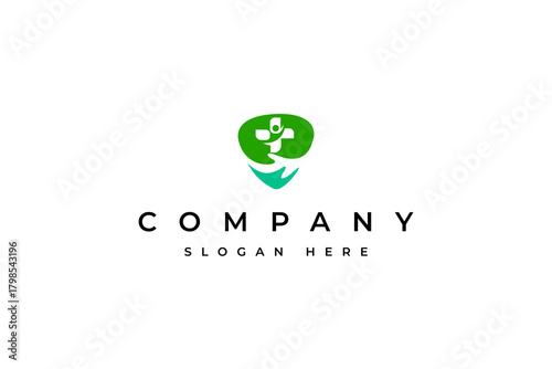 healthcare logo with health cross symbol and safety shield in flat vector design style