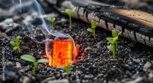 A small glowing ember is igniting in dark soil surrounded by tiny green seedlings and charred wood, symbolizing growth and renewal after fire