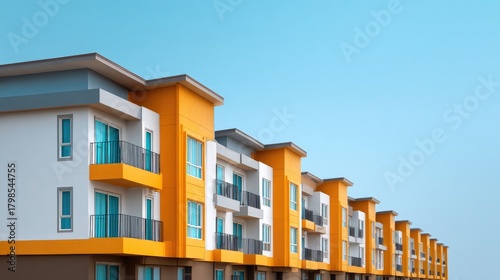 Modern Residential Apartment Complex with Bright Orange Accents and Clear Blue Sky in the Background Perfect for Urban Living Illustrations