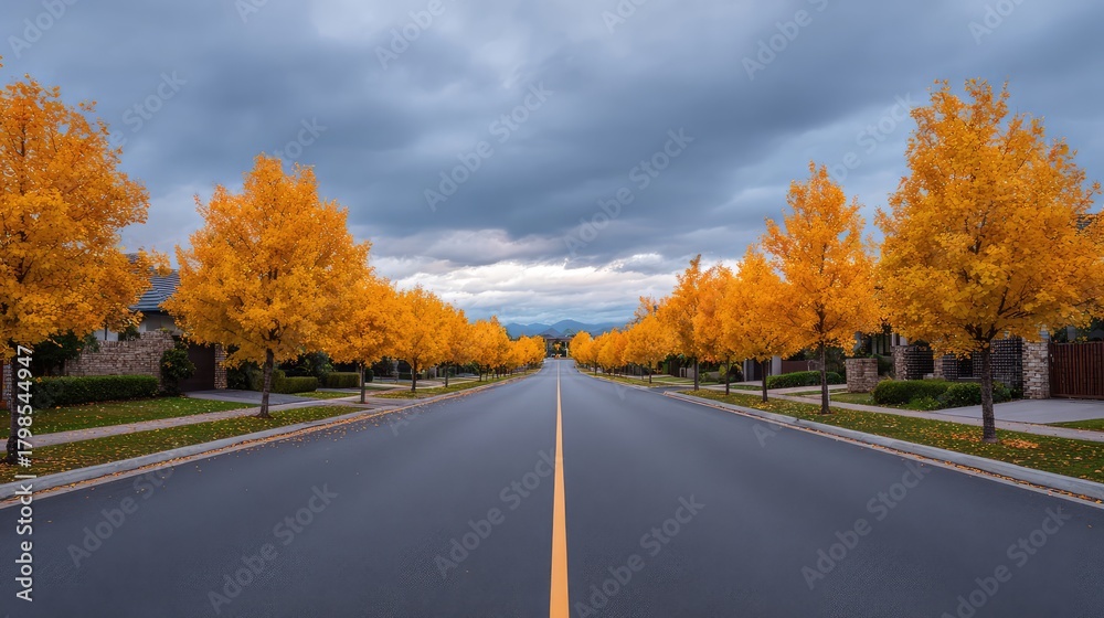 Obraz premium Tranquil Autumn Street Scene with Vibrant Yellow Trees Lining a Quiet Urban Road Under Overcast Sky in a Suburban Neighborhood