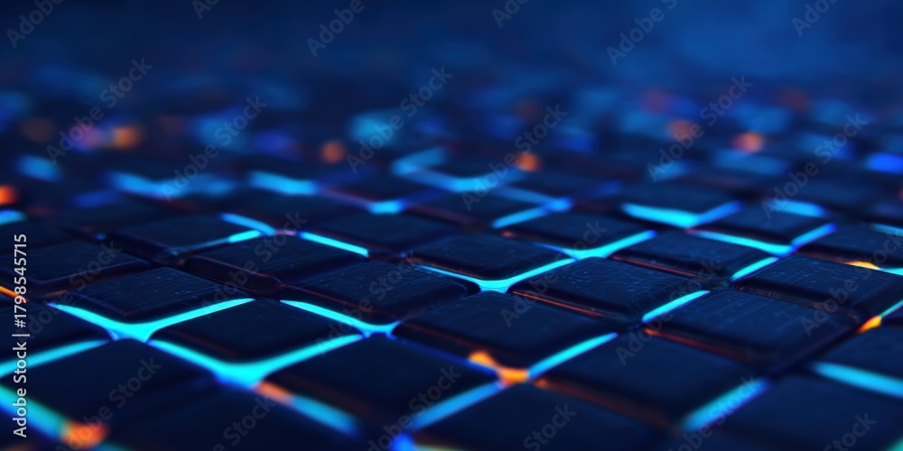 Obraz premium Cyberpunk video backdrop, A close-up view of a textured surface featuring dark squares illuminated by vibrant blue and orange light, creating a visually striking pattern.