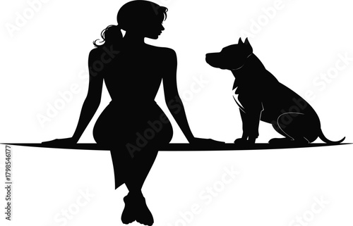Vector Silhouette of Woman and Pitbull Dog Sitting Together, Friendship, Pet Owner, and Companion Graphic