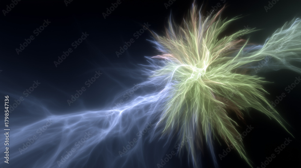 Naklejka premium Vibrant abstract energy burst with glowing, multicolored fractal light tendrils radiating from a central core on a dark background
