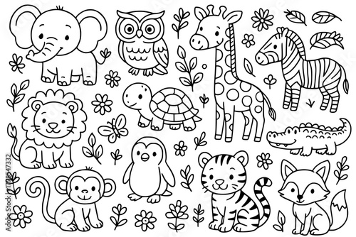 Doodle art for coloring, cute animal theme
