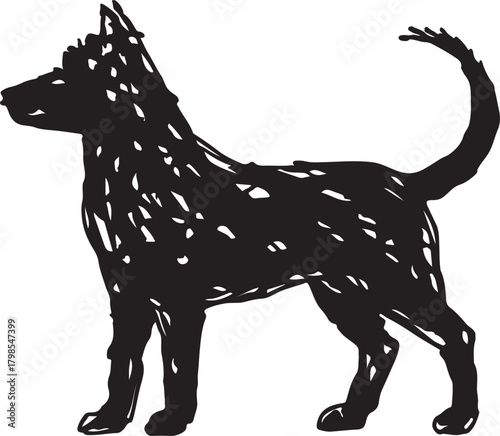 A simple black and white sketch of a dog in a standing position