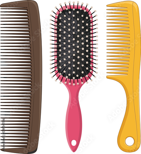 Vector Hair Brush and Combs Set, Paddle Brush, Wide-Tooth Comb, Hair Styling, and Barber Shop Accessories