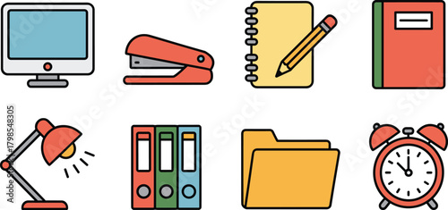 Colorful Flat Outline Vector Icon Set of Business and Study Essentials: Computer Monitor, Stapler, Notebooks, Desk Lamp, Binders, File Folder, and Alarm Clock, Ideal for Productivity and Corporate The