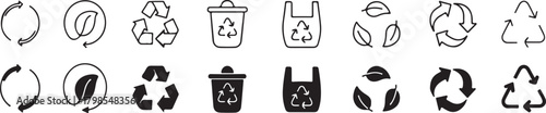 Recycling and Eco Icon Set - Environmental Protection, Waste Management, and Sustainable Line & Solid Vector Symbols
