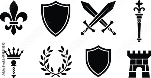 Monochrome Vector Icon Set of Classic Heraldic and Medieval Symbols: Fleur-de-lis, Shield, Crossed Swords, Scepter, Crown, Laurel Wreath, and Castle Tower, Representing Royalty, Honor, and Authority.
