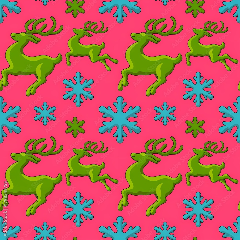Obraz premium Swirling Psychedelic 3D Reindeer and Snowflake Seamless Pattern