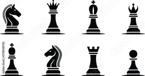 Monochrome Vector Icon Set Featuring Traditional Chess Pieces: Knight, Queen, King, Rook, Bishop, and Pawn, Symbolizing Strategy, Competition, Intelligence, and Business Decision-Making.