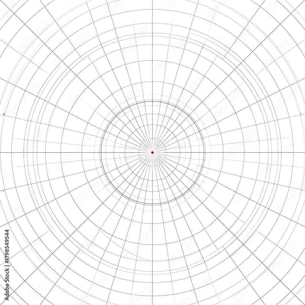 Fototapeta premium A geometric, radial grid converges to a red dot at its center, encased by a white background