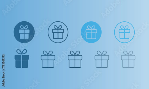 Gift Box Icon Set - Present, Birthday, and Holiday Outline and Filled Symbols on Blue Gradient Background

