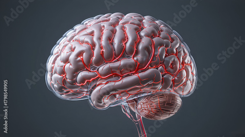 Detailed 3D rendering of the human brain showing stroke-affected blood vessels in a semi-transparent head profile. Perfect for medical and educational use