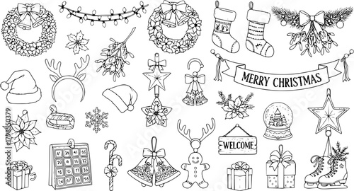 Hand-Drawn Christmas Holiday Outline Elements Collection. Doodle Icons Set for Winter Seasonal Decoration.