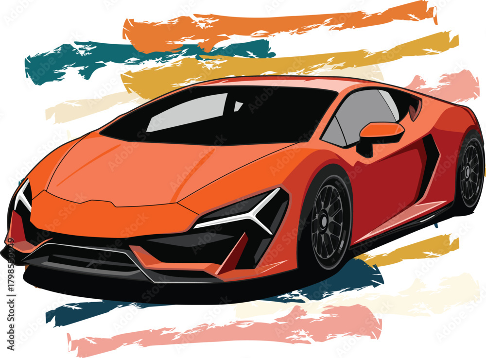 Naklejka premium Orange Sports Car Illustration – Modern Supercar Vector with Colorful Brush Stroke Background