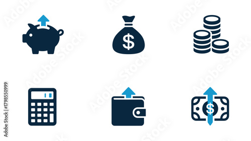 Modern Two-Color Finance and Savings Vector Icon Set Featuring Piggy Bank Deposit, Money Bag, Coin Stacks, Calculator, and Wallet for Banking and Wealth Management Concepts.