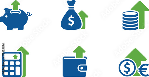 Financial Growth, Money Saving, and Investment Solid Icon Set Vector
