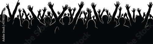 Crowd silhouette, cheering people, raised hands, celebration scene, black and white, energetic crowd, unity concept, concert vibe, rally mood, festive atmosphere