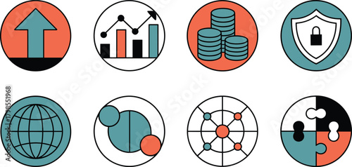 Business Analytics, Financial Security, and Global Strategy Circle Icon Set Vector
