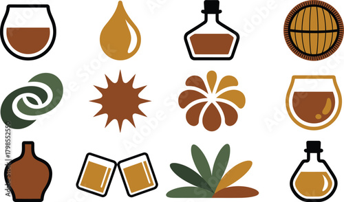 Assorted Flat Style Icons of Alcohol, Liquid Drops, and Earth Tones on White