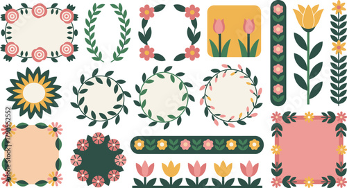 Assorted Floral Frames and Borders Featuring Tulips, Roses, Daisies and Leafy Wreaths Galore