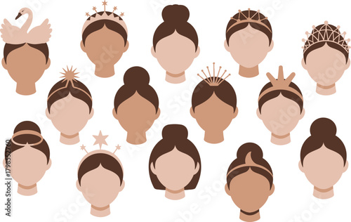 Assorted Hair Styles and Crown Illustrations, Ballerinas, Tiara, Bun, Swan Headpiece, Hairstyle Concepts