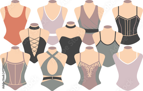 Assorted Leotards on Mannequins A Colorful Collection of Dance and Workout Apparel Designs