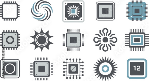 Assortment of Computer Chip Icons, Abstract Designs, and the Number Twelve on White Background