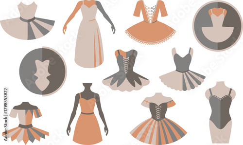 Ballet Dress Collection Illustration Tutus, Leotards, and Dresses in Peach, Gray, and Beige Tones