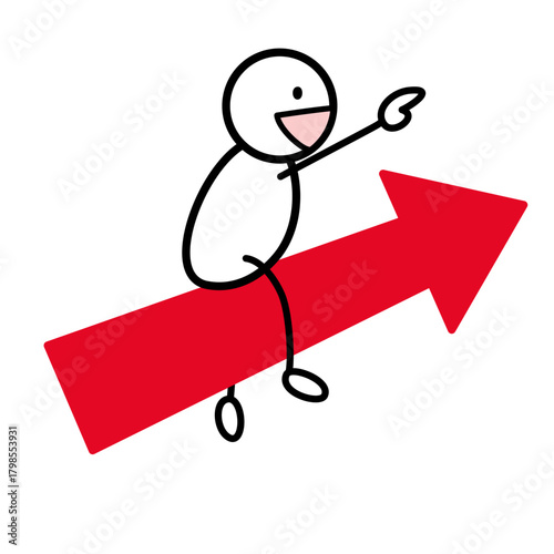 Stick character riding an upward arrow with a positive gesture
