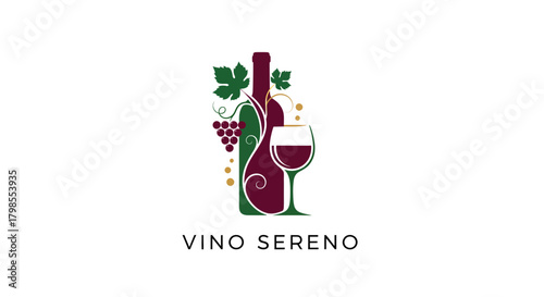Wine Bottle and Glass Logo Design, Vino Sereno Brand Identity, Graphic Art, Modern Style, Elegant Environment, Creative Viewpoint