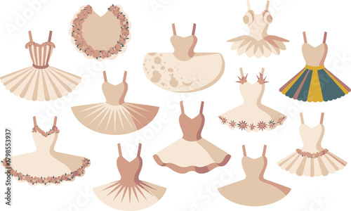Ballet Dresses Collection Illustration Tutus, Floral Accents, and Unique Designs in Soft Pastel Colors