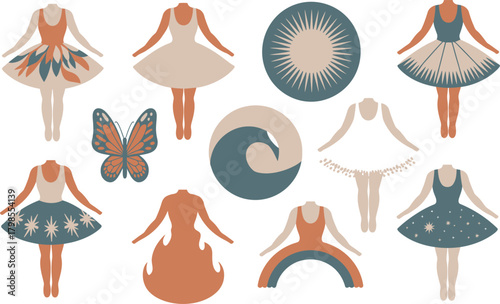 Abstract Dancers, Butterfly, Sun, and Moon Whimsical Fashion Design with Geometric Shapes and Earthy Tones