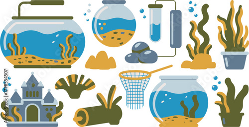 Aquarium Accessories and Decorations Fish Tanks, Castle, Aquatic Plants, Rocks, Net, Testing Equipment, and Underwater Log