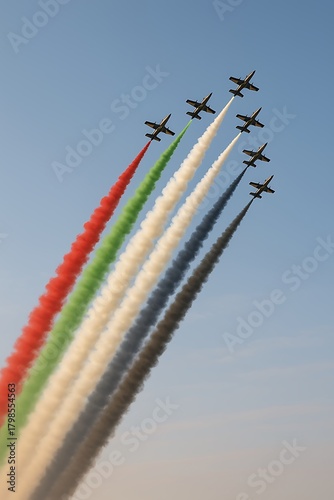 UAE airshow jets creating red green white black smoke trails in blue sky