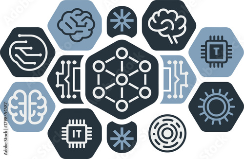 Arrangement of Hexagon Computer Science Icons Featuring Brain, Circuit, and IT Symbol Graphics on White